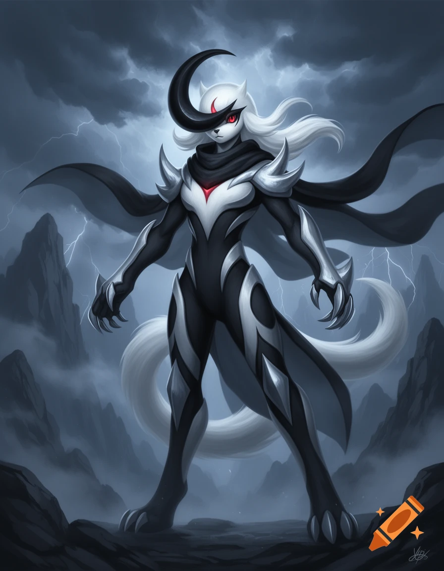 Digital painting of a humanoid anthropomorphic creature inspired by Absol, standing in a stormy mountain landscape with a crescent horn.