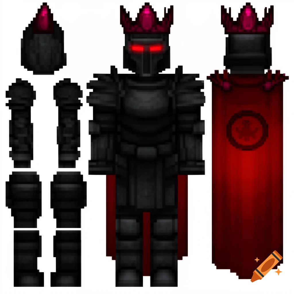 Pixel art layout of a Minecraft skin featuring a dark shadow king in obsidian armor, glowing red eyes, crown, and a red cape.