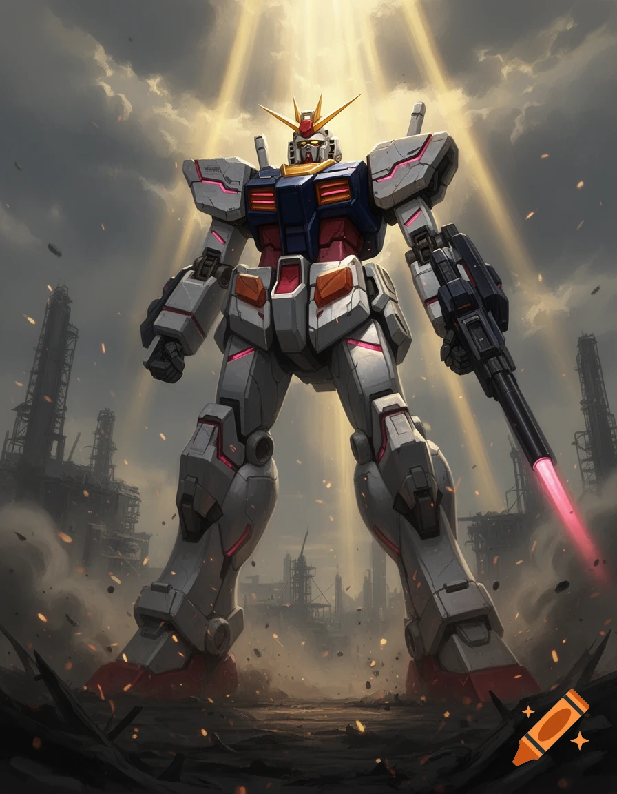 A giant Gundam mecha robot standing in a ruined industrial city under a dramatic sky with light rays.