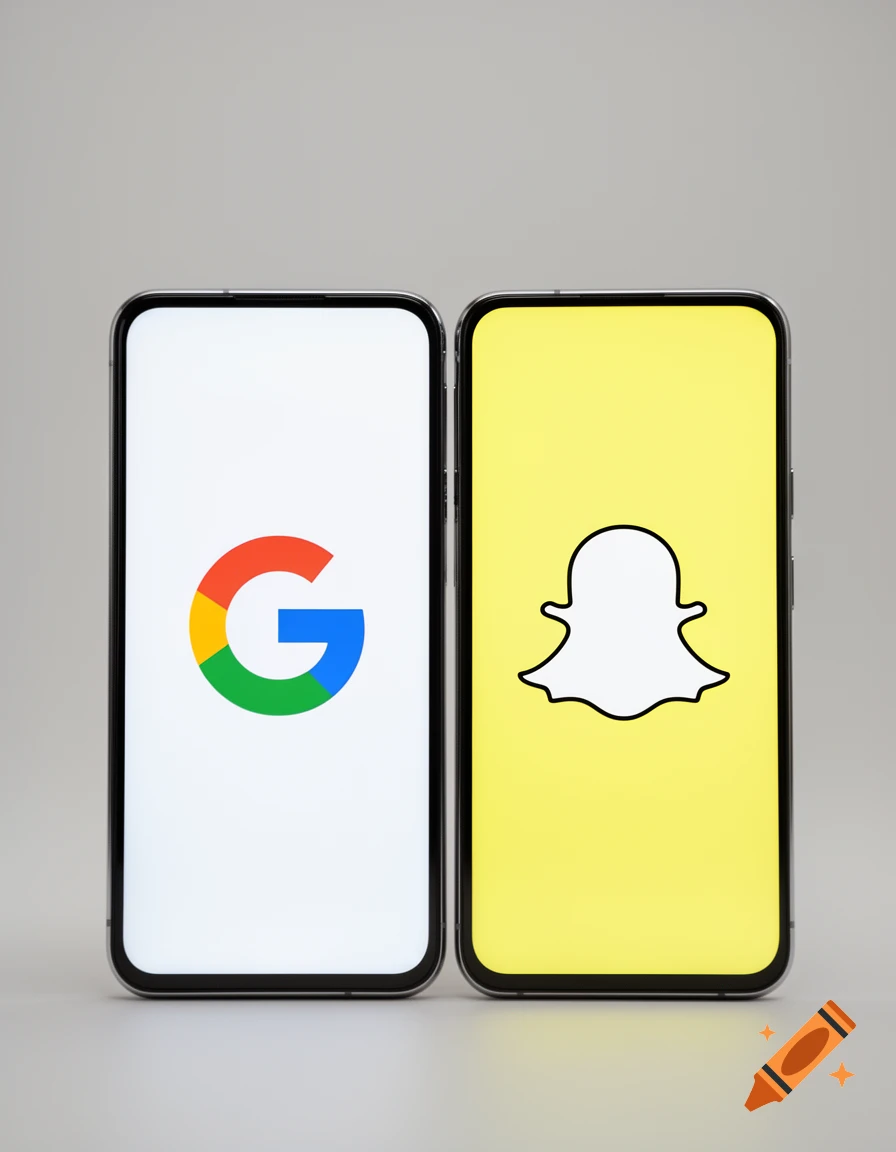 Two smartphones side by side, displaying the Google logo on the left and the Snapchat logo on the right.
