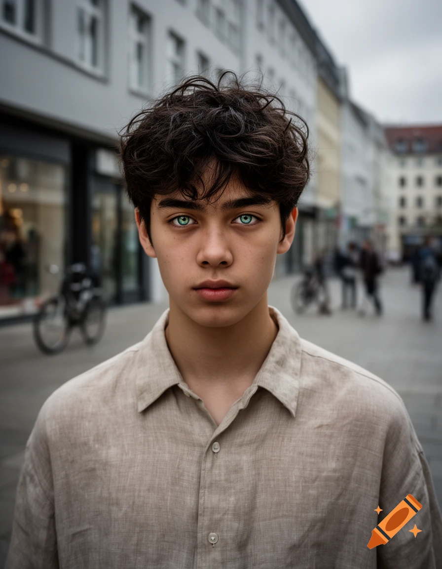 Photorealistic candid street portrait of a teenage boy with dark hair and bright blue-green eyes, wearing a casual linen shirt in Berlin.