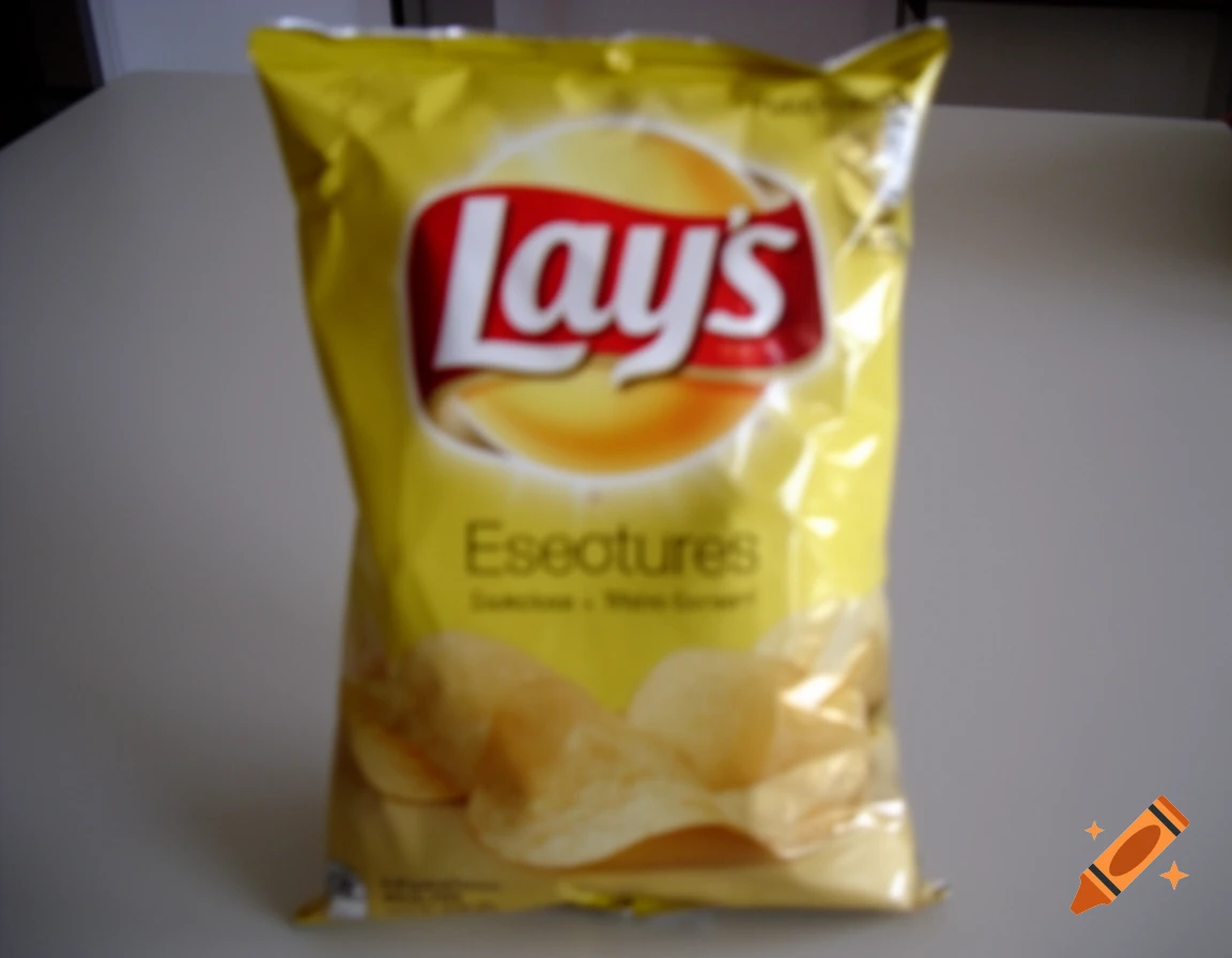 A blurry bag of Lay's potato chips on a table.