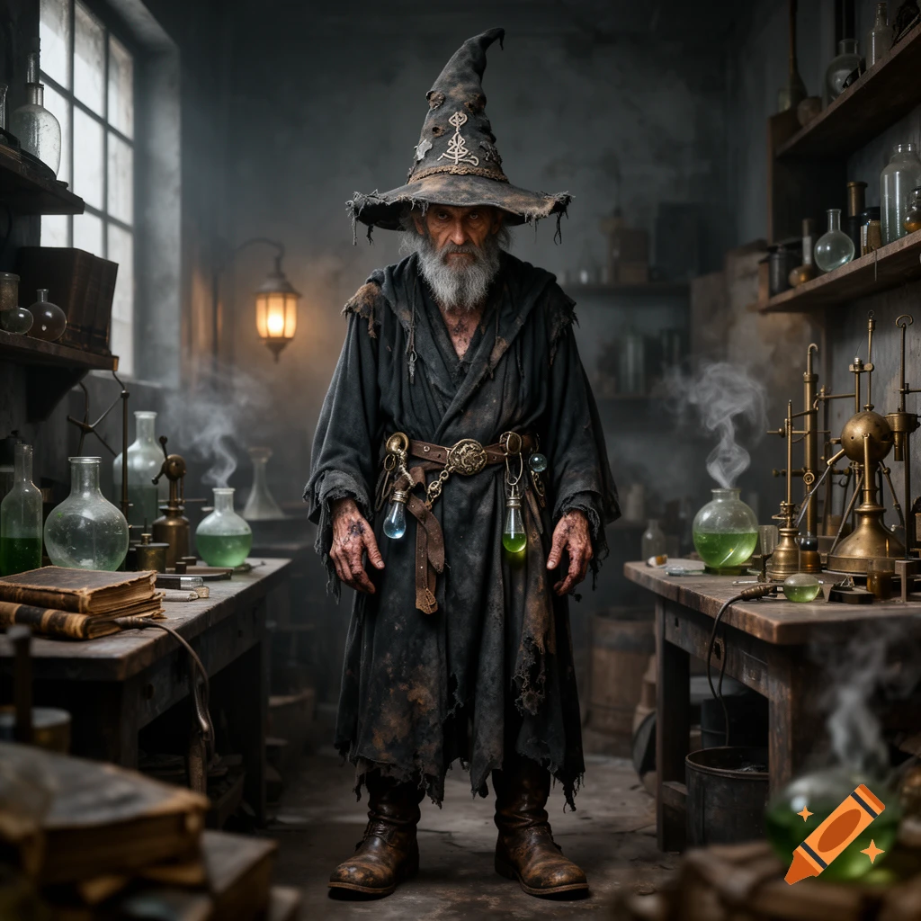 Photorealistic full-body portrait of a scruffy, old wizard in a pointed hat standing in a cluttered alchemy laboratory.