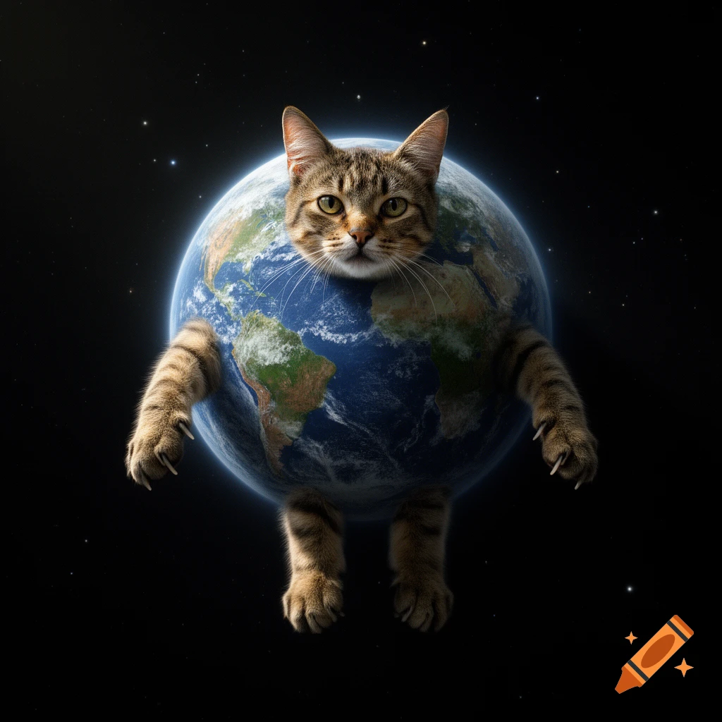 Photorealistic image of a tabby cat's head and paws emerging from a planet Earth body floating in outer space.