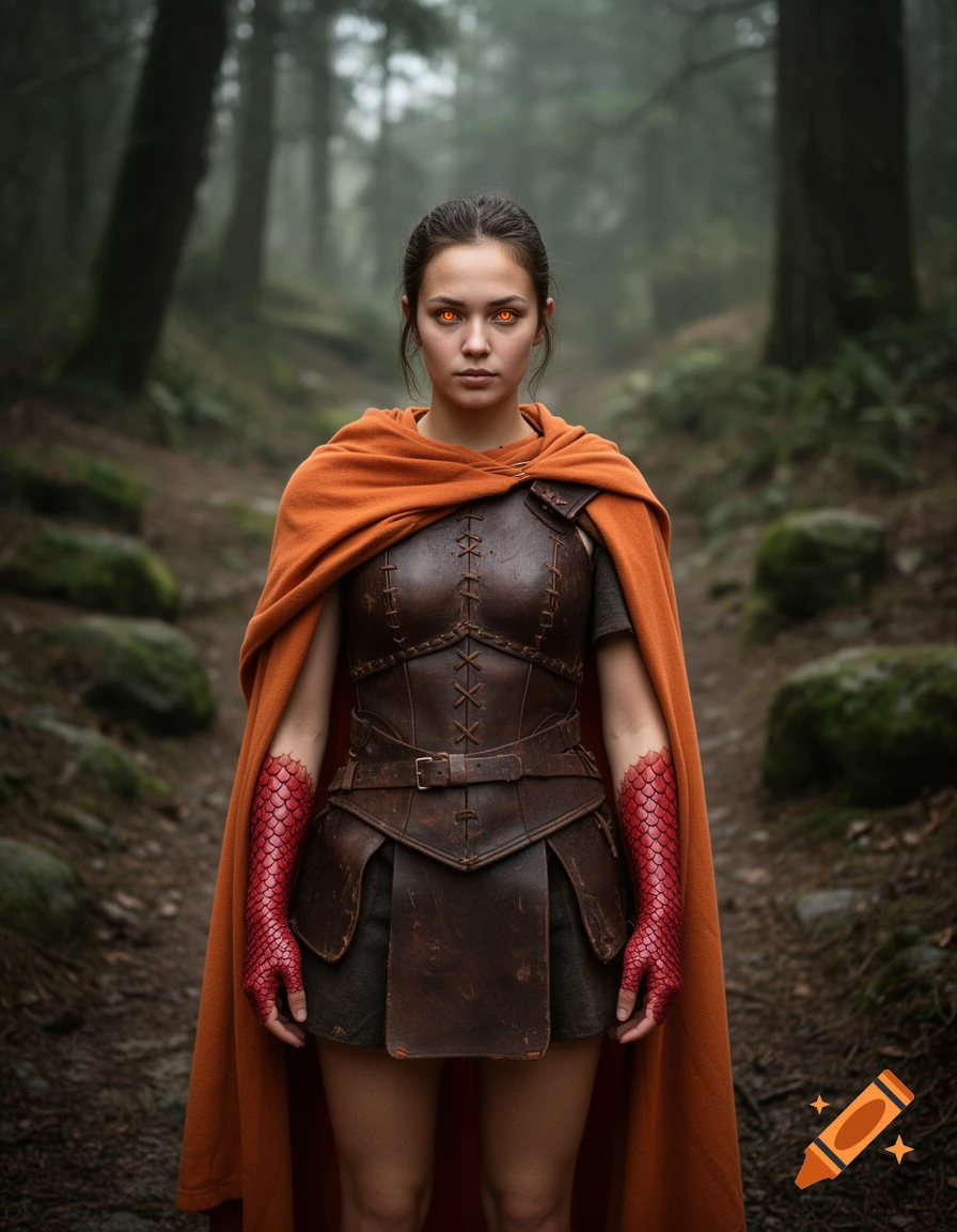 Photorealistic portrait of a young female fantasy warrior with glowing orange slit-pupil eyes, scale gauntlets, and an orange cloak in a misty forest.