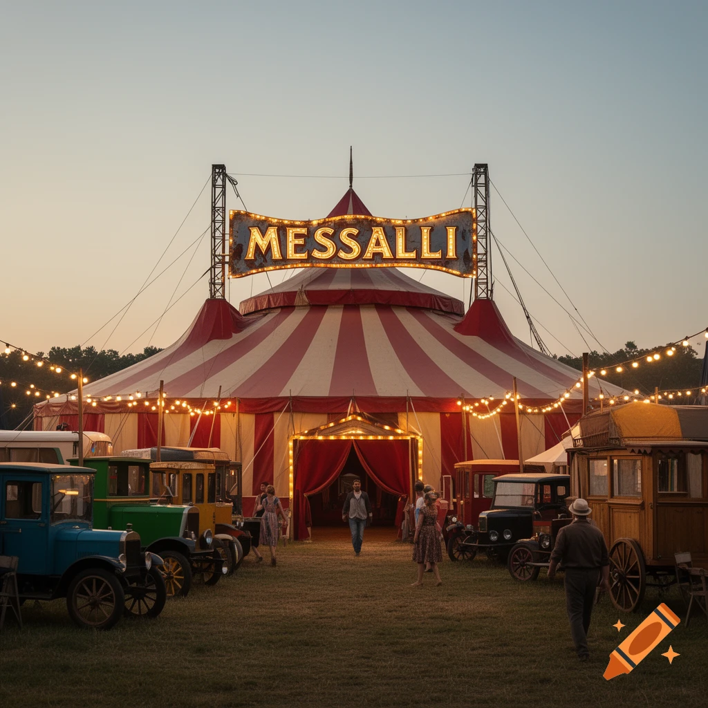 A vintage circus tent with a glowing 'MESSALLI' sign, surrounded by old cars and people in a grassy field at dusk, photorealistic.