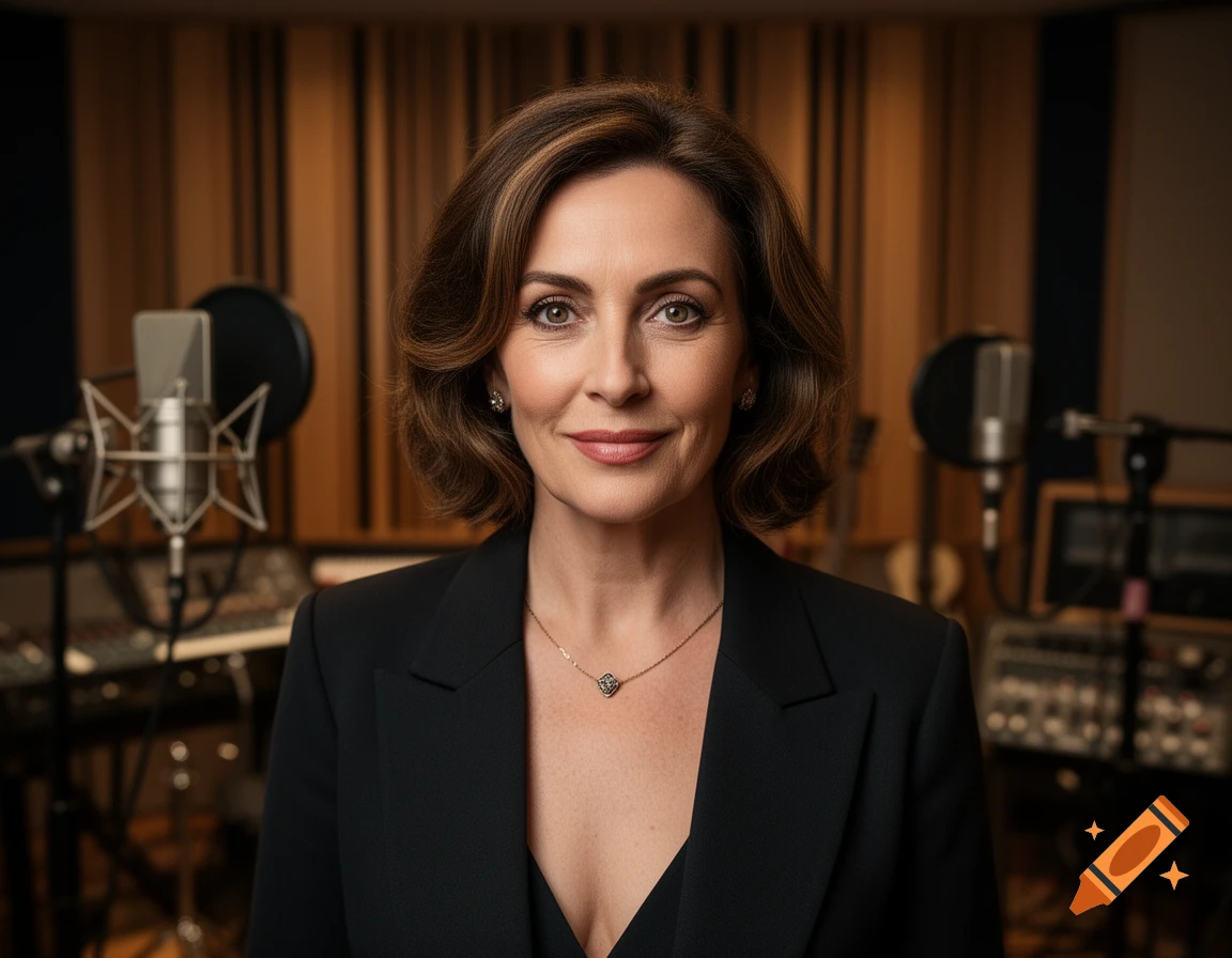 Photorealistic portrait of a woman in a black blazer inside a recording studio with acoustic panels and microphones.
