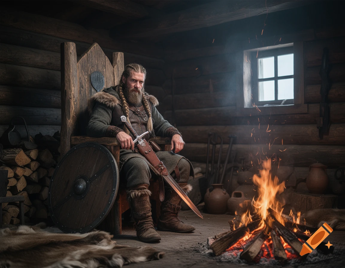 Photorealistic image of a Viking warrior with braided hair and beard, sitting in a wooden throne with a sword and round shield inside a cabin by a fire.