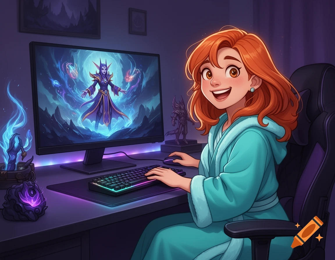 Digital art of a smiling red-haired woman in a teal bathrobe playing World of Warcraft on a PC.
