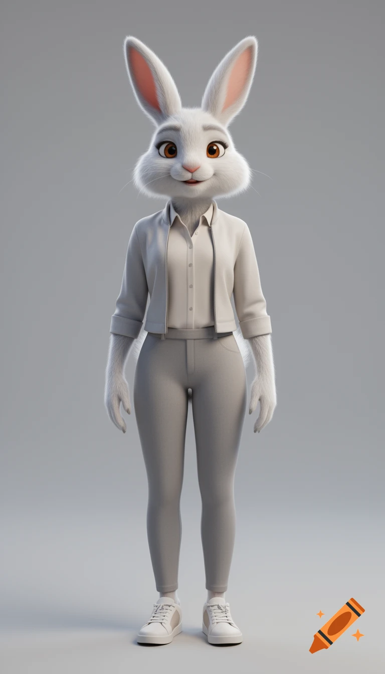 Full-body 3D animated character design of a friendly anthropomorphic female rabbit wearing a light blouse and trousers against a neutral background.