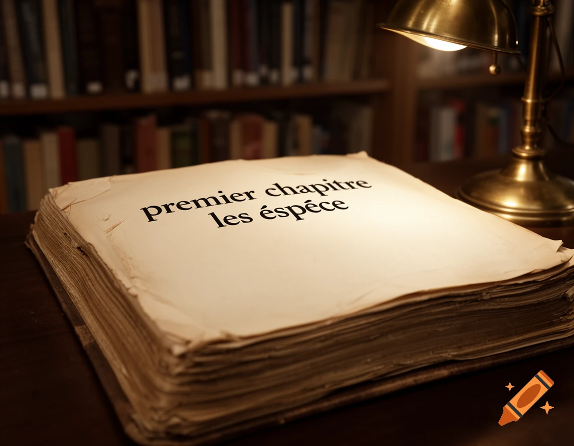 An open old book with French text on its pages resting on a dark wooden table in a library with blurred bookshelves in the background under a warm desk lamp.