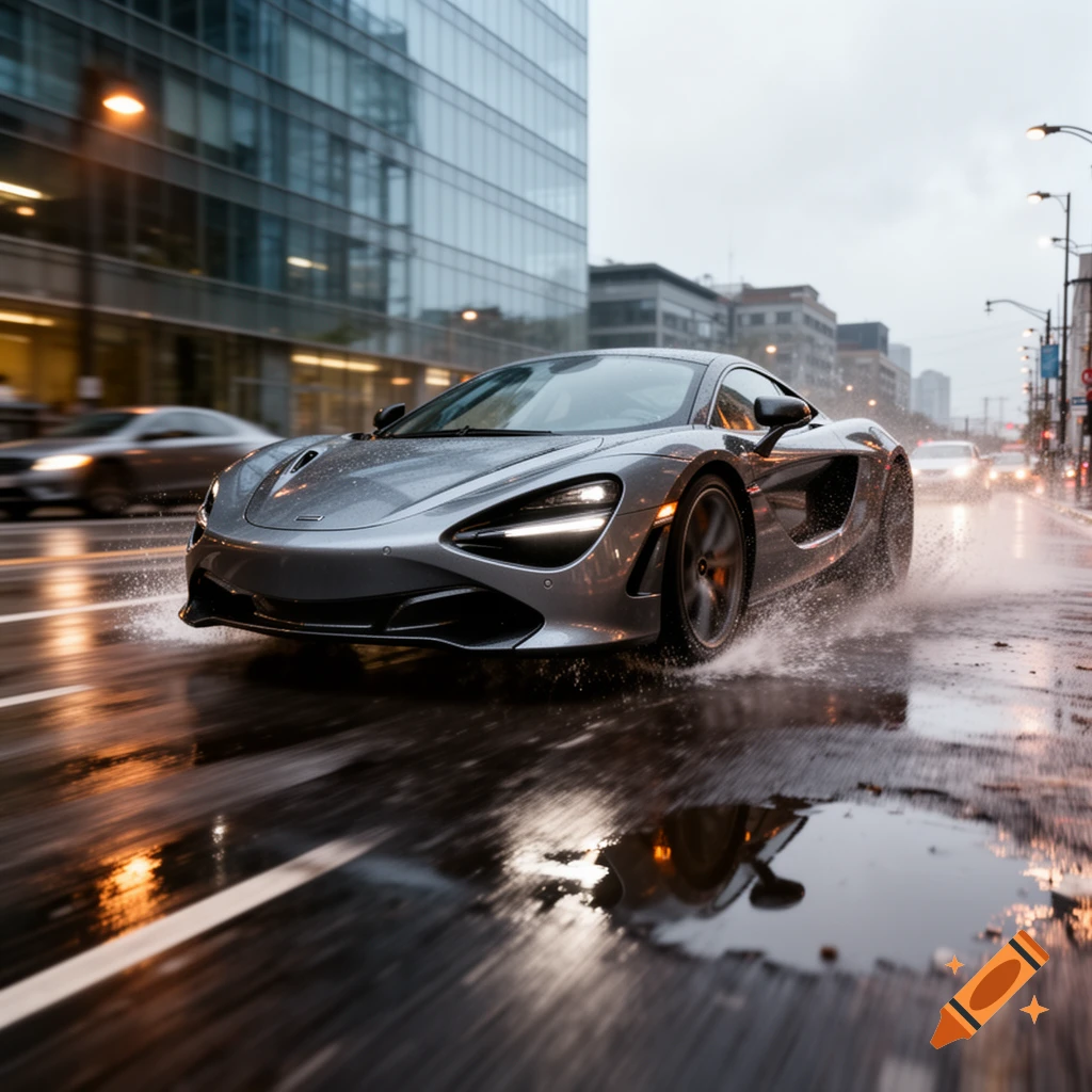 Photorealistic silver sports car driving fast on a wet city street in the rain, creating splashes of water.