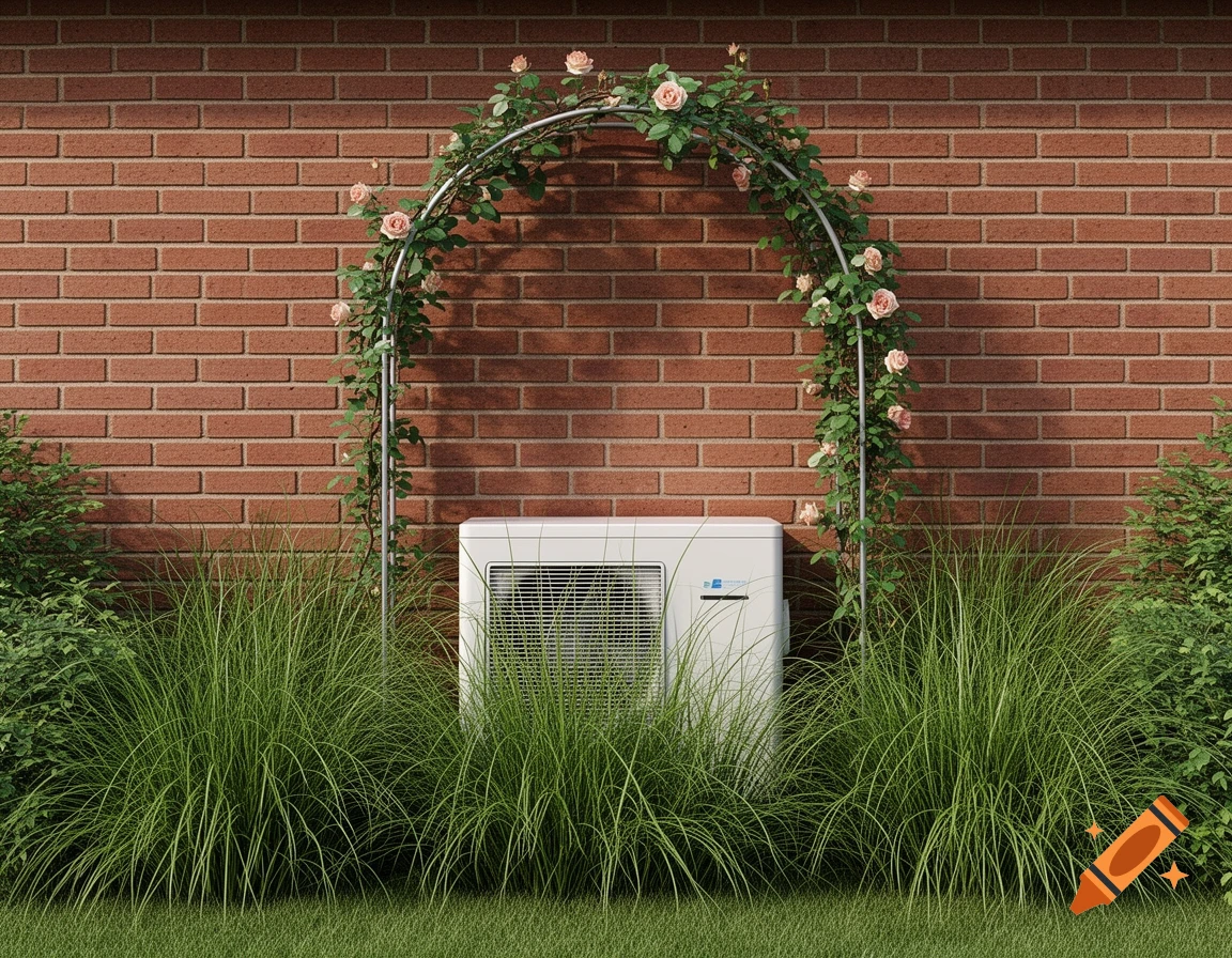 Photorealistic image of a heat pump unit against a brick wall, partially hidden by tall grass with a rose arch overhead.