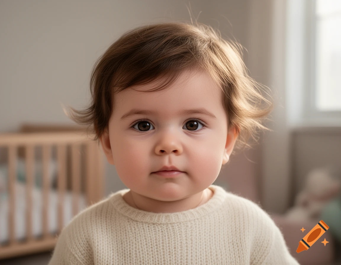 Close-up photorealistic portrait of a toddler with brown hair and dark eyes wearing a cream sweater in a brightly lit room with a crib in the background.