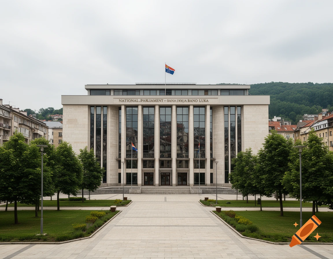 Photorealistic image of a modern parliament building with a large glass facade, a paved plaza, and trees, under an overcast sky.
