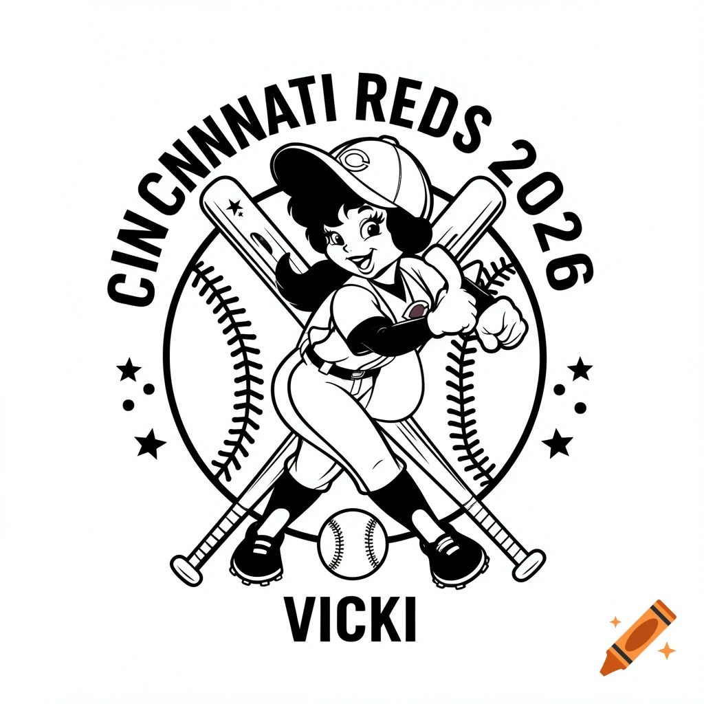 Black and white laser engraving design of Cincinnati Reds mascot Rosie Red with baseball bats and text.