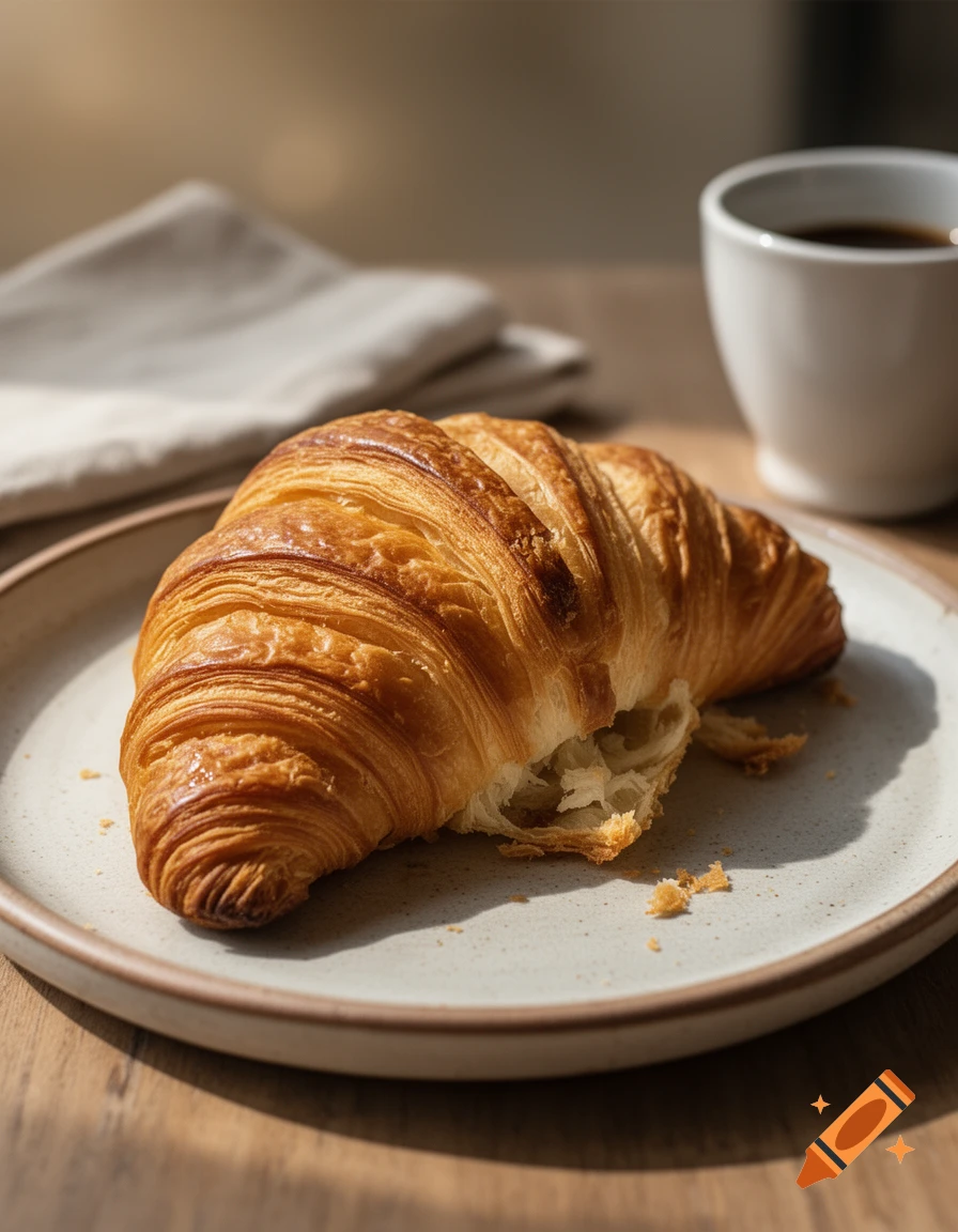 Photorealistic image of a golden, flaky croissant on a white ceramic plate next to a cup of coffee and a napkin on a wooden table.