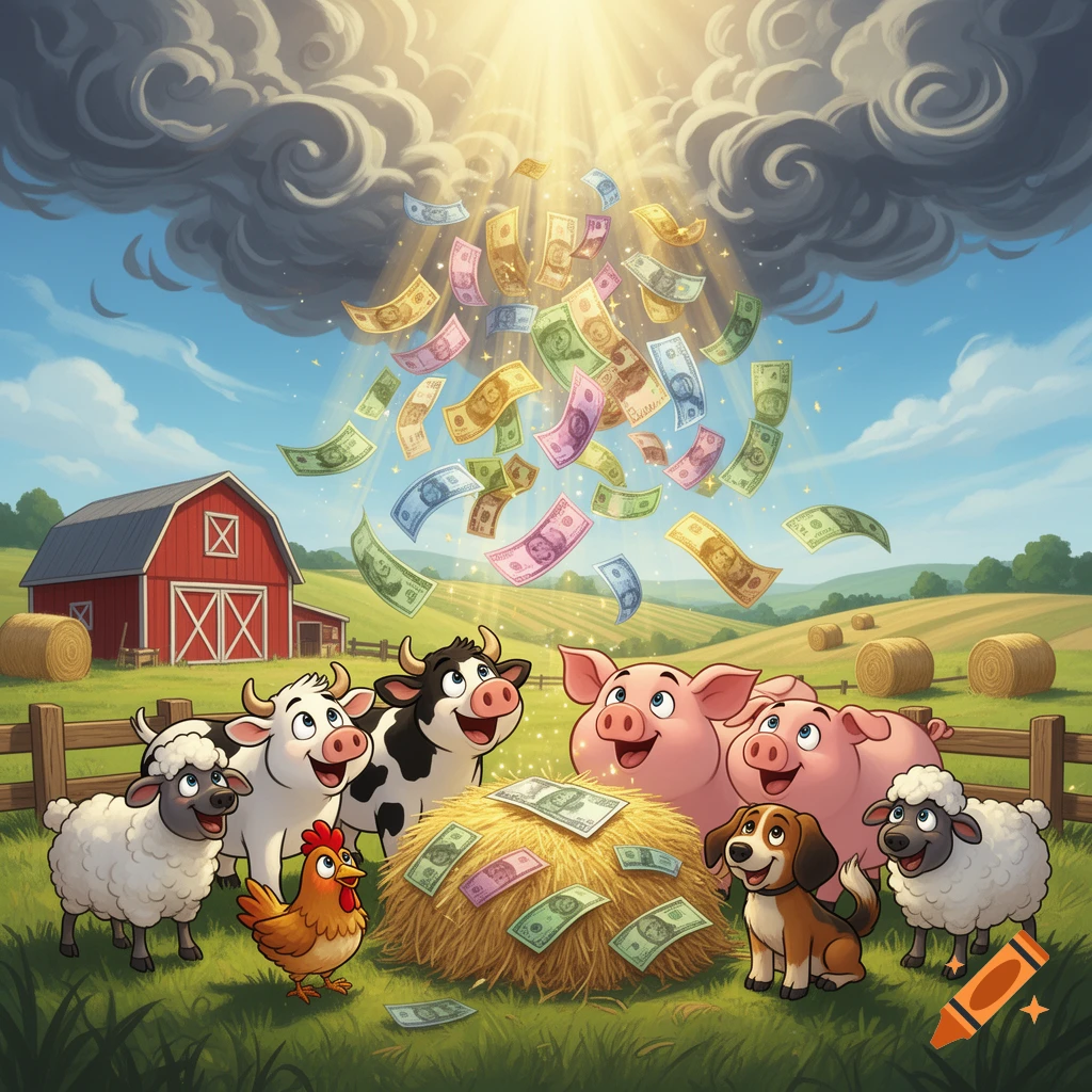 Cartoon illustration of farm animals including sheep, cows, a pig, a chicken, and a dog standing in a field as paper money rains down from a stormy sky.
