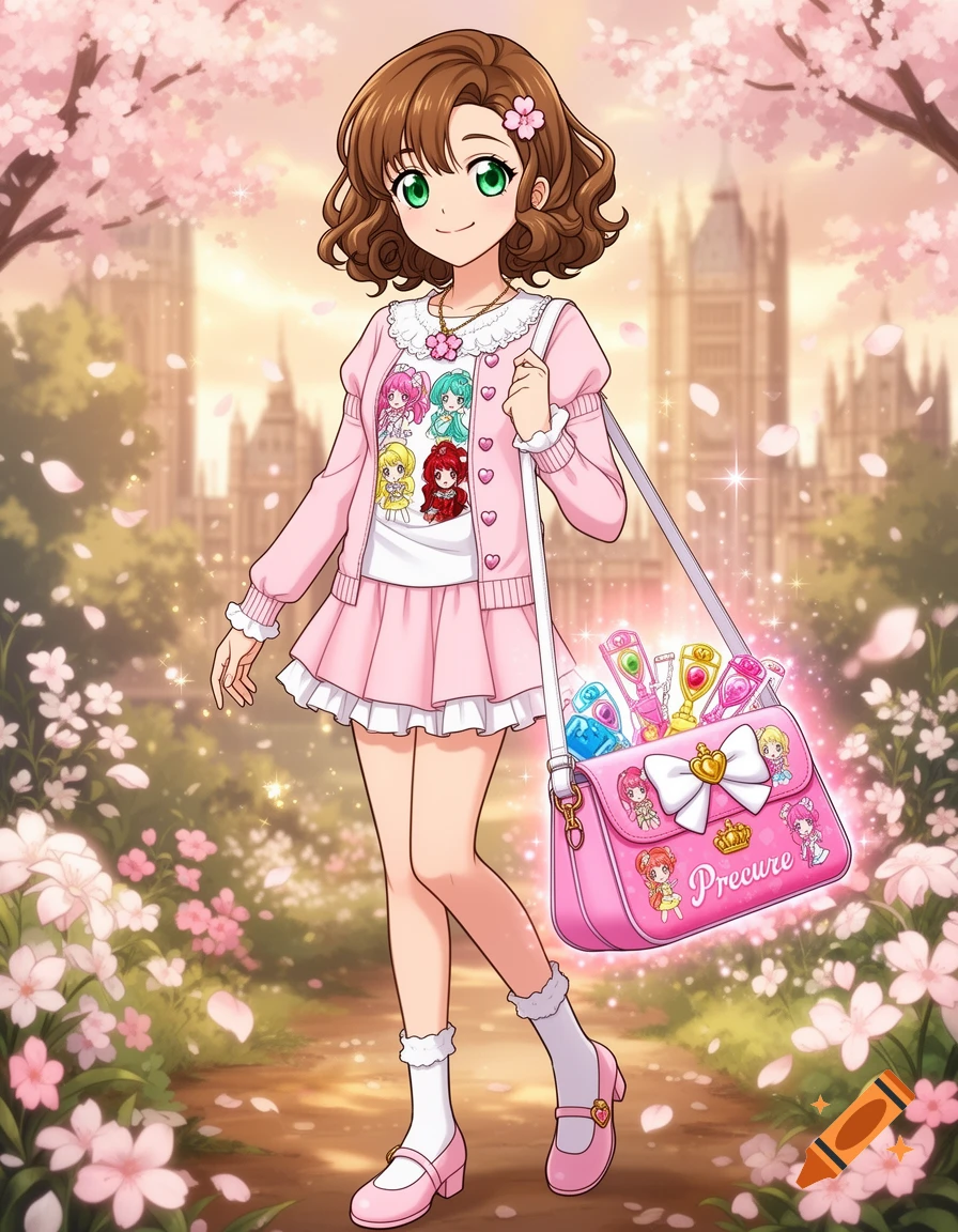 Anime style illustration of a smiling brown-haired girl in a pink cardigan and skirt, holding a magical pink shoulder bag in a cherry blossom park.