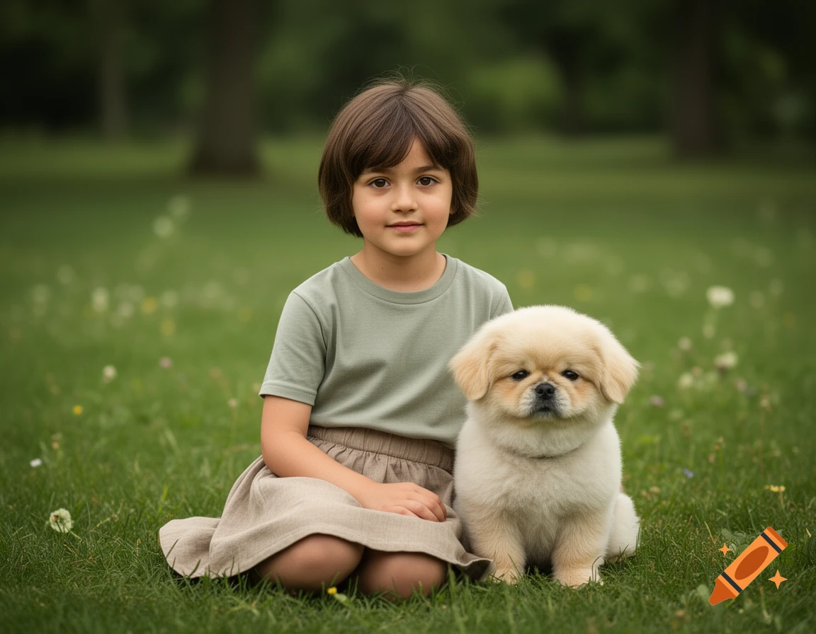 Photorealistic portrait of a young brown-haired girl sitting in the grass with a fluffy puppy.