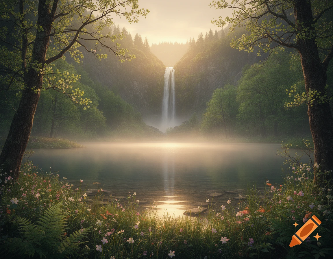 An enchanted fairytale sunrise over a serene lake with a distant waterfall framed by lush green trees and wildflowers.