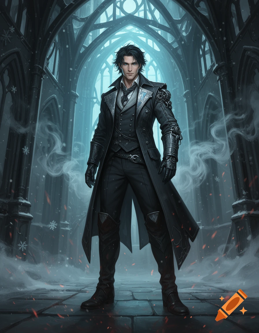 Digital illustration of a male fantasy character in a dark coat standing in a gothic hall with glowing blue arches and snow.