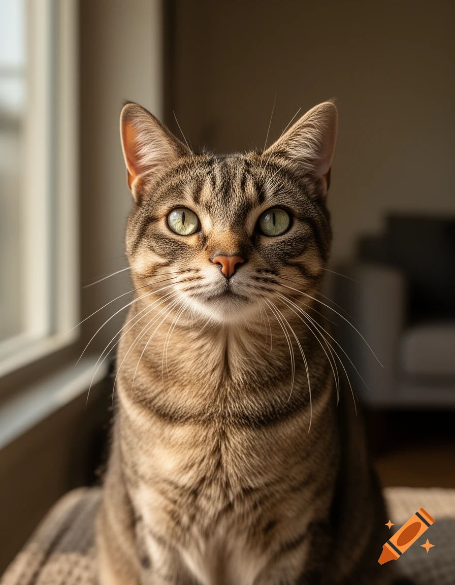 Close-up photorealistic portrait of a tabby cat looking directly at the camera with green eyes.