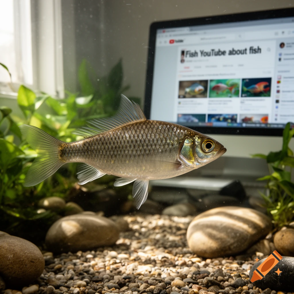 A close-up photograph of a fish swimming in an aquarium, with a computer monitor showing a YouTube page in the blurred background.