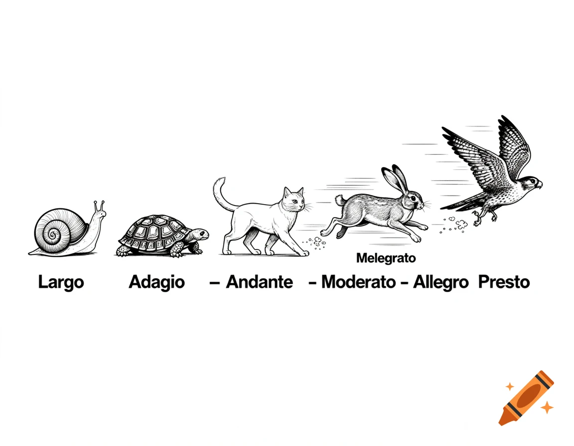 Black and white line art showing the musical tempos from largo to presto using animals: a snail, turtle, cat, rabbit, and falcon.