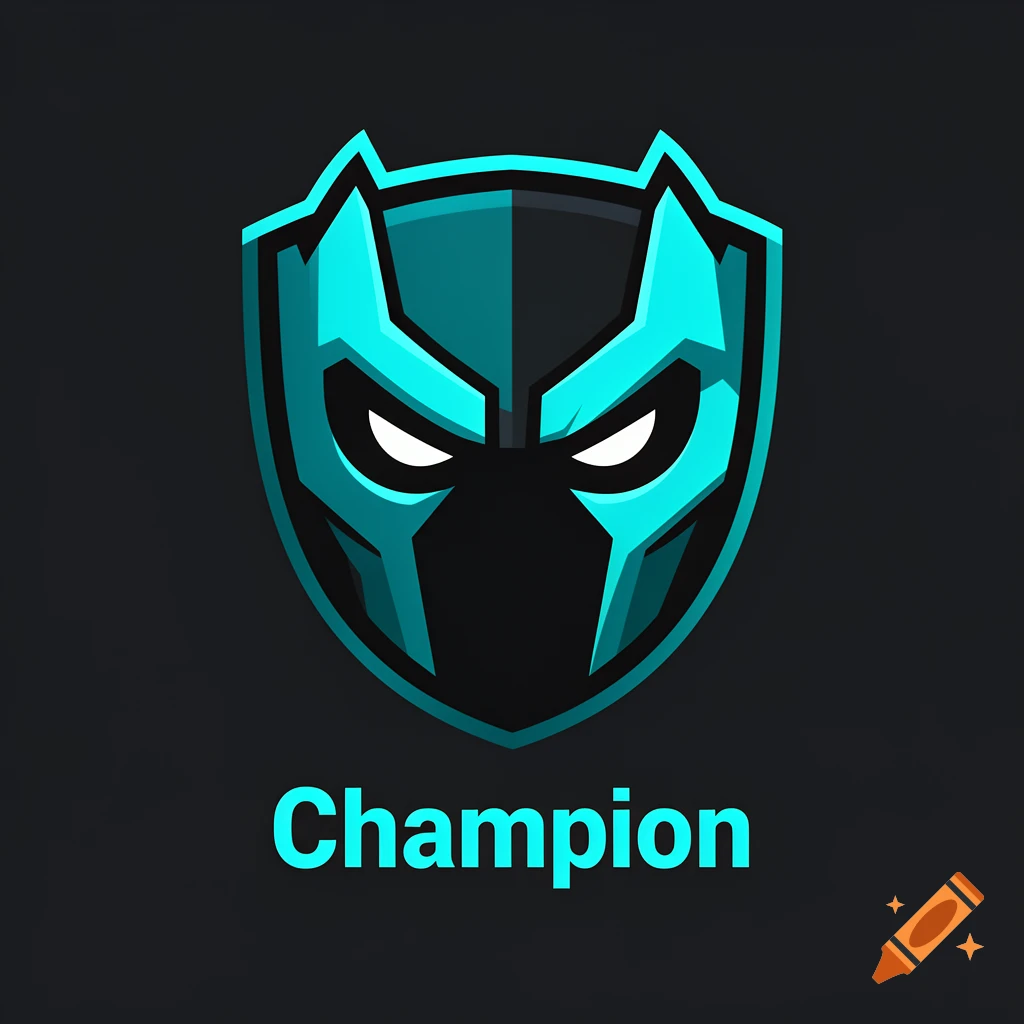 Turquoise and black gaming shield logo with panther mask and the word Champion underneath