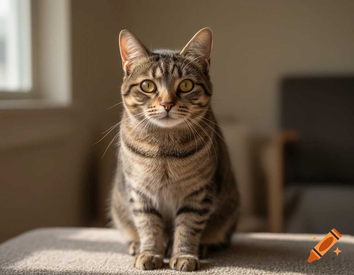 A photorealistic close-up portrait of a tabby cat sitting attentively indoors.