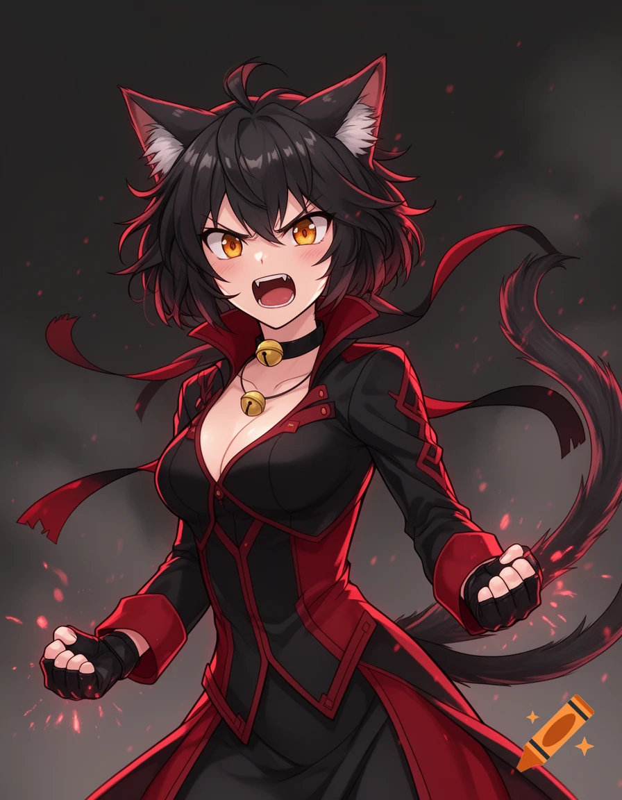 Anime style illustration of a mad cat girl with black hair, cat ears, and red and black clothing.