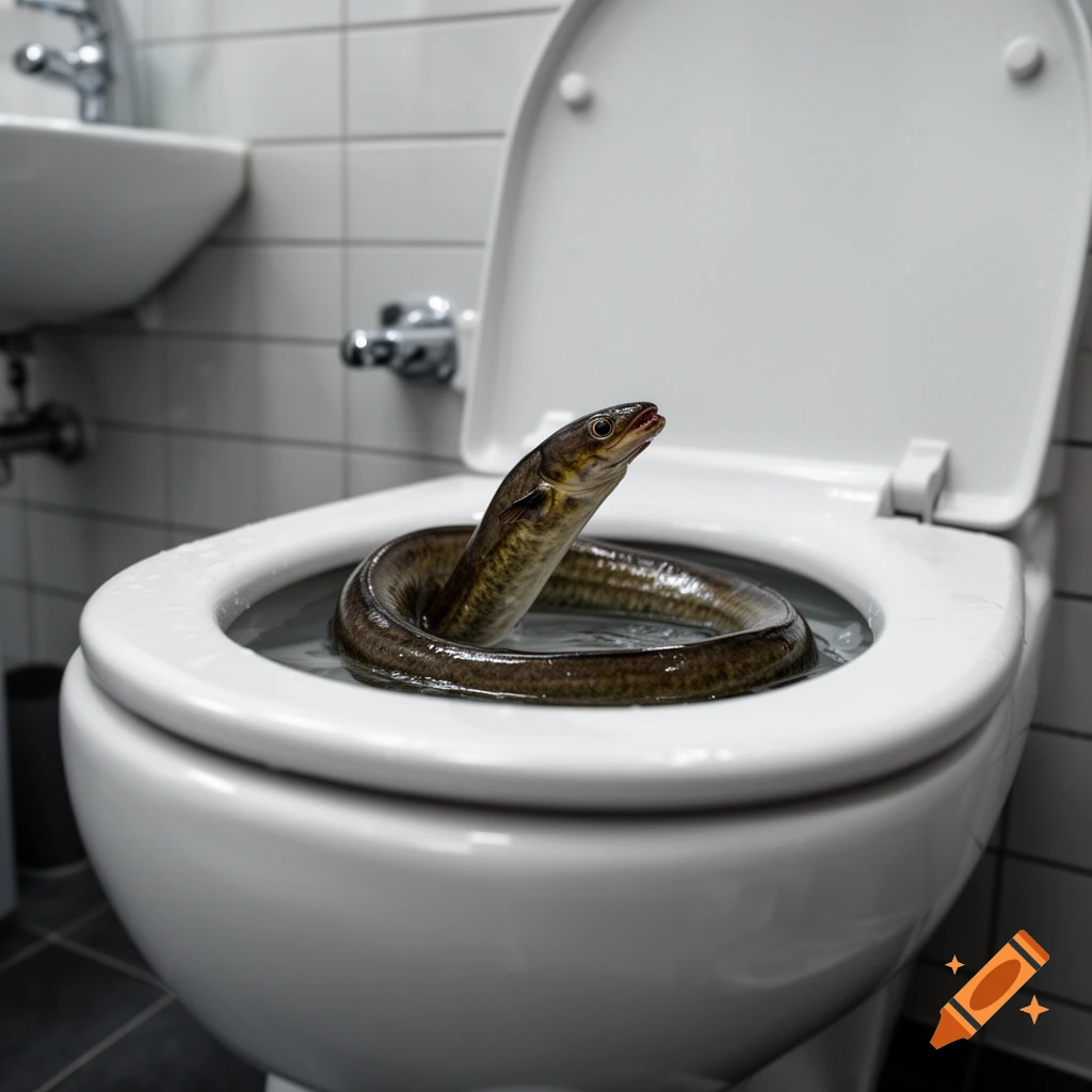 An eel peeking out of water in a white toilet bowl inside a tiled bathroom, photorealistic.