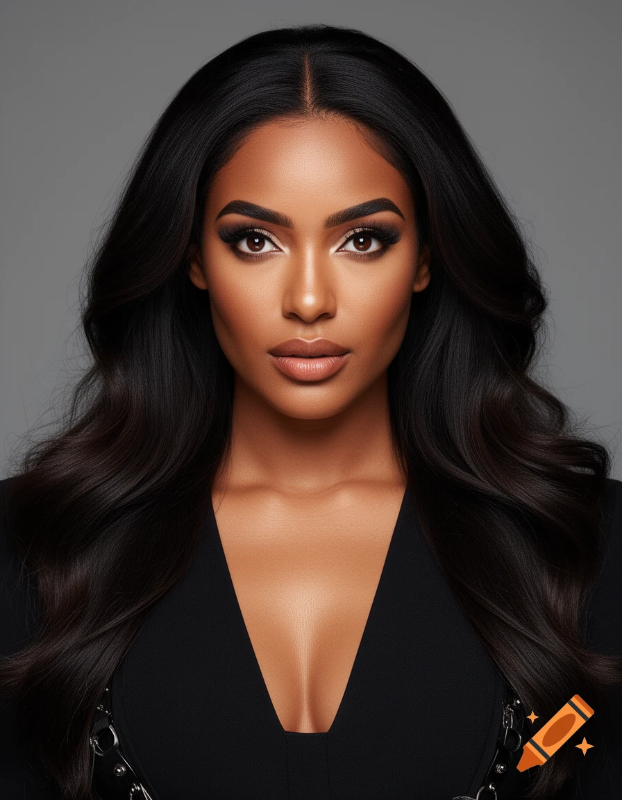 Close-up photorealistic portrait of a woman with long dark wavy hair, wearing a black v-neck top against a grey background.