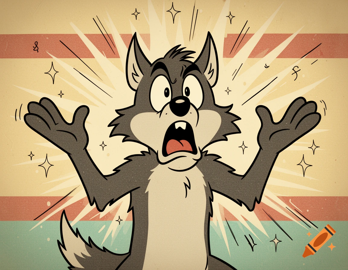 Vintage cartoon illustration of a shocked wolf with wide eyes and raised hands against a retro background.