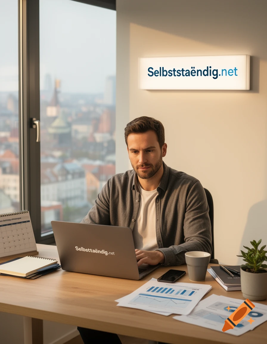 Photorealistic image of a man working on a laptop in a modern office with a city view outside.