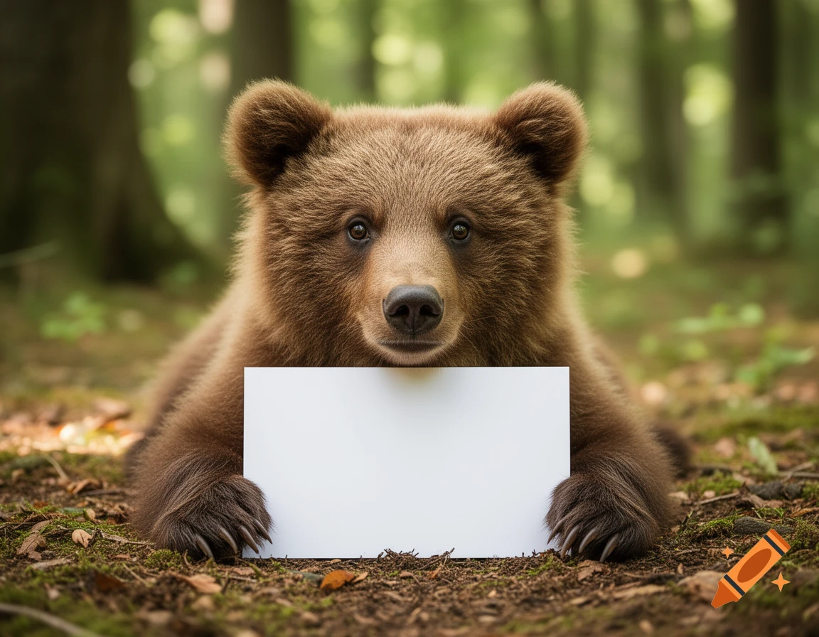 Photorealistic brown bear cub lying on forest floor holding a blank white sign.