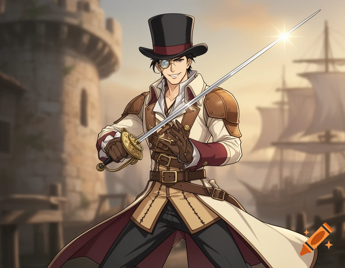 Anime style illustration of a smiling man wearing a top hat, monocle, and padded leather armor, wielding a rapier in front of a harbor with ships.