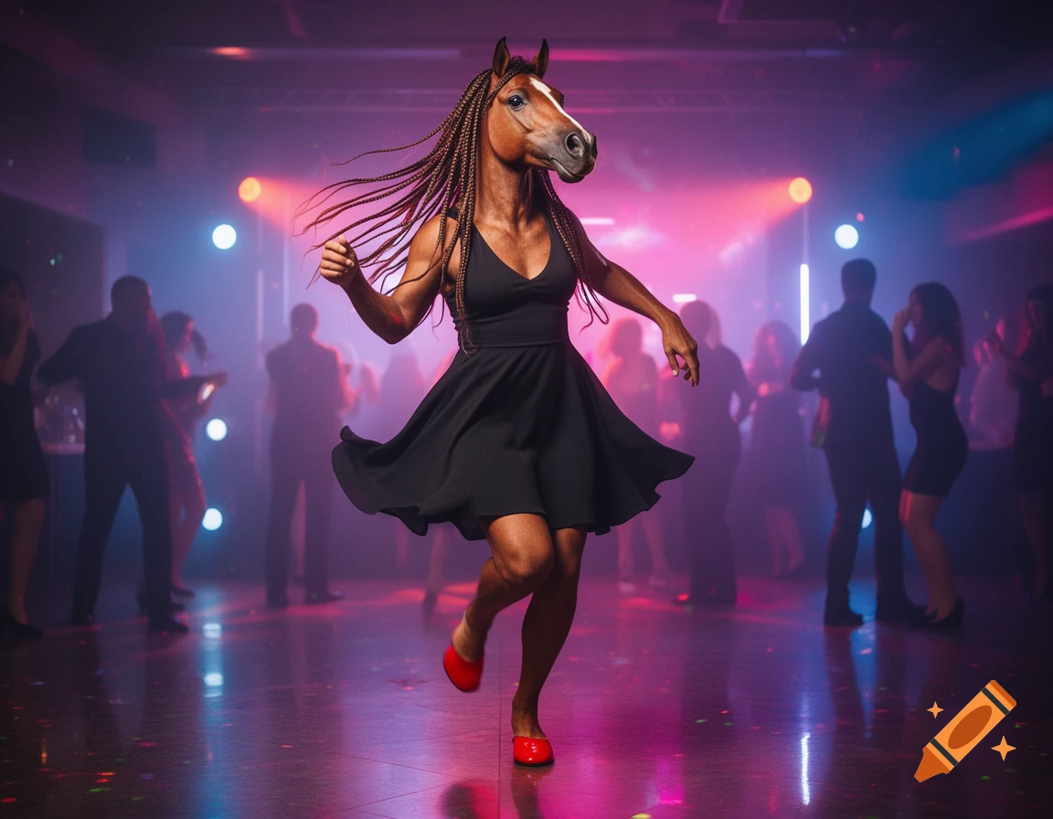 Photorealistic image of a dancing horse with braided hair wearing a black dress and red shoes inside a vibrant nightclub.