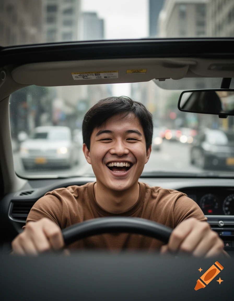 Photorealistic shot of a young laughing male taxi driver holding a steering wheel inside a car.