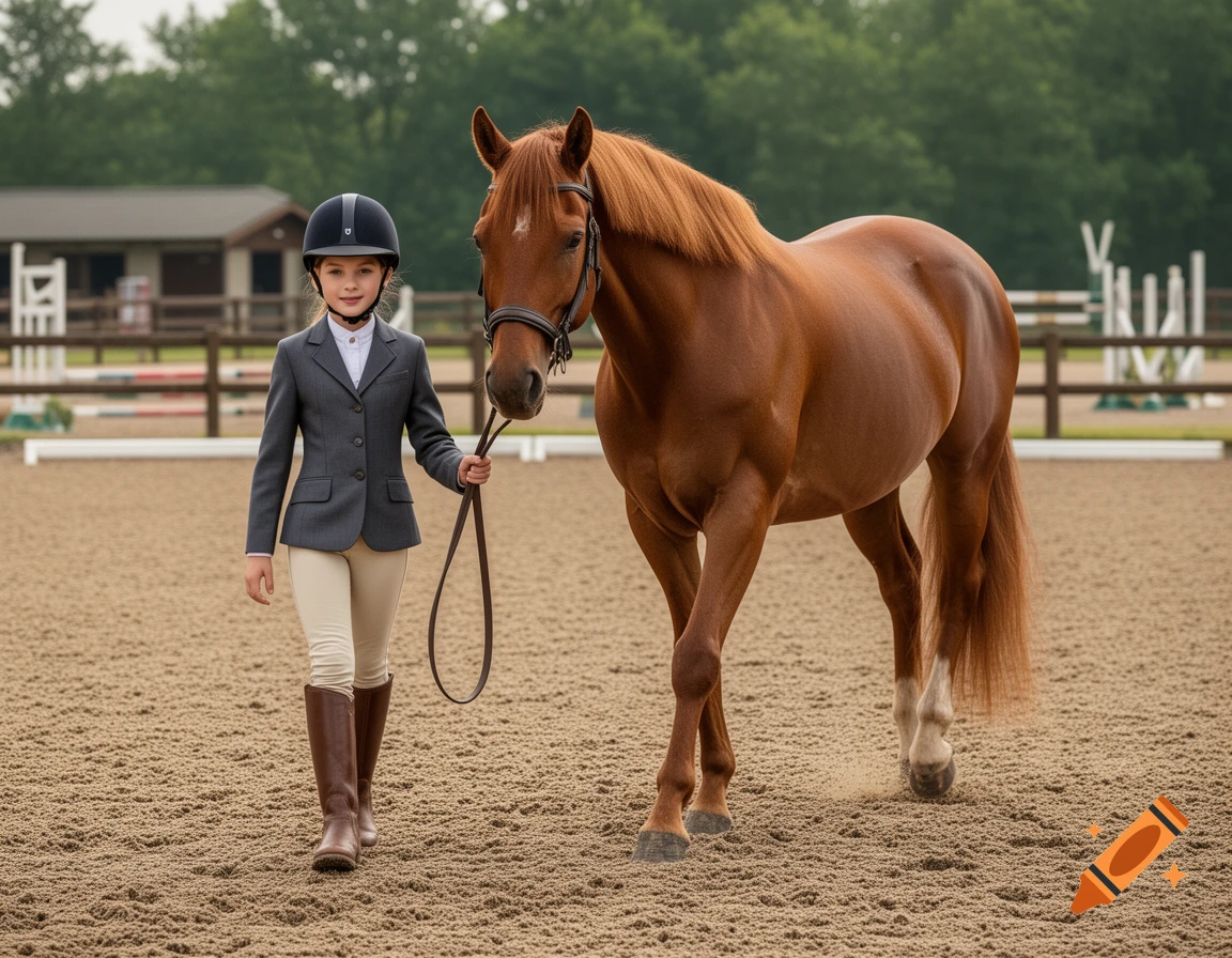 Photorealistic image of a young girl in equestrian attire leading a chestnut horse across a sandy riding arena.