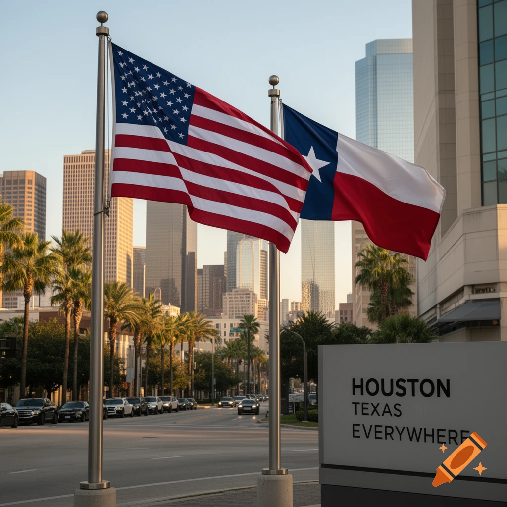 American and Texas flags waving on poles in front of Houston skyscrapers and a sign reading Houston Texas Everywhere.
