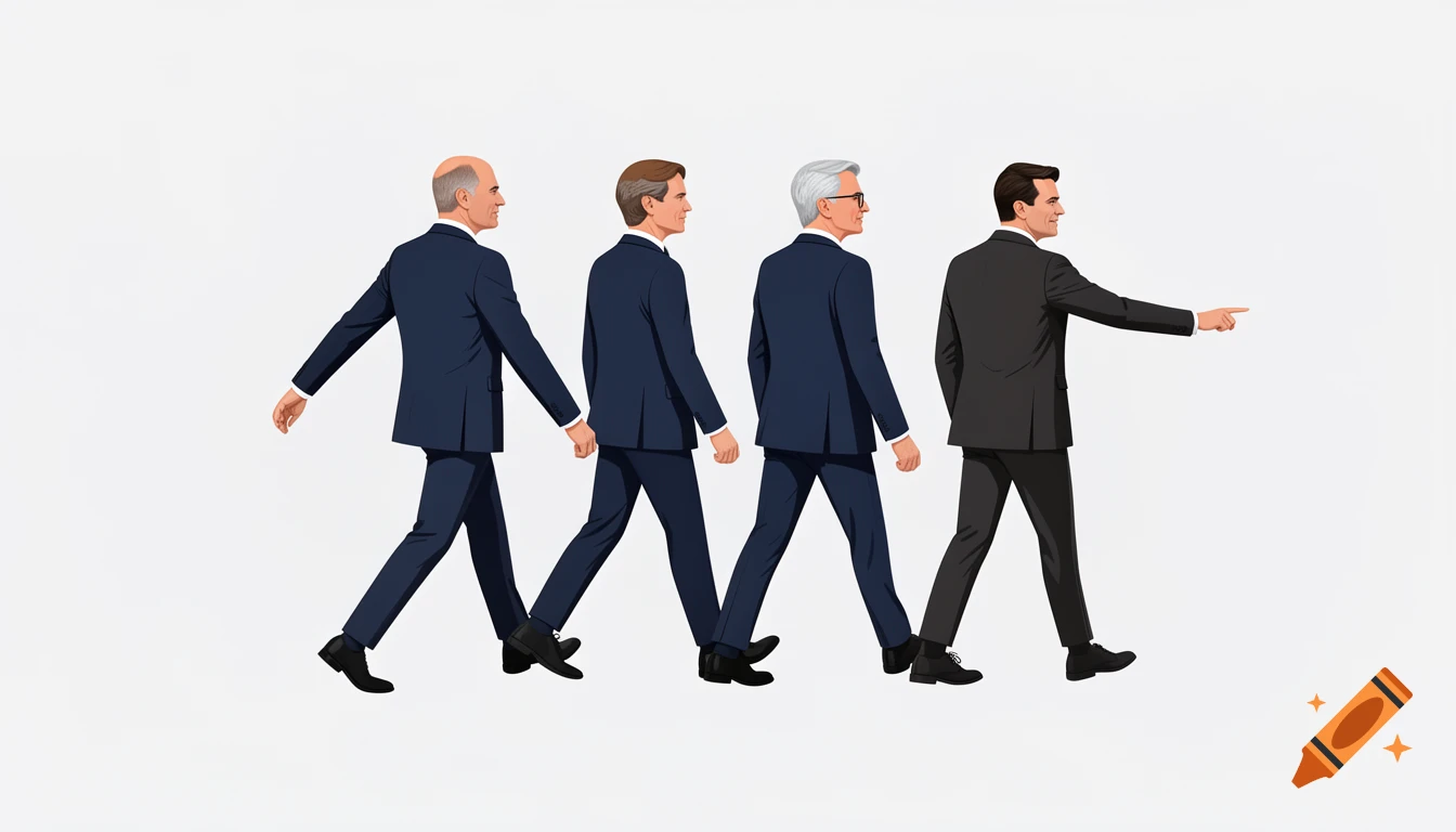 Digital illustration of four German politicians in suits walking in profile to the right against a white background.