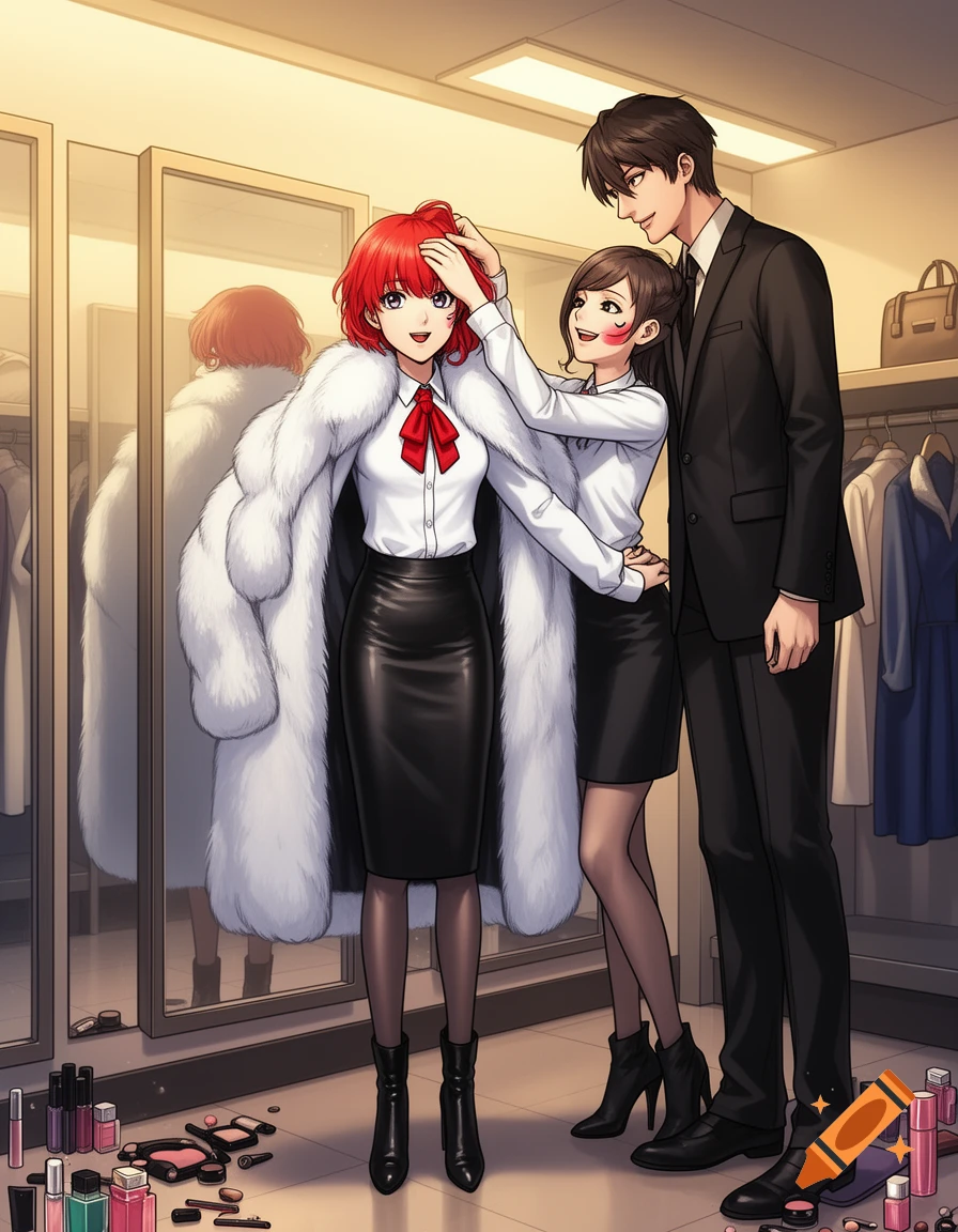 Anime style illustration of a person trying on a white fur coat with two others watching in a dressing room.