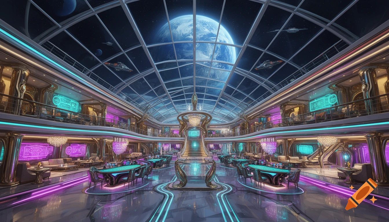 Interior of a luxurious sci-fi space casino with a massive glass roof showing an orbiting planet.