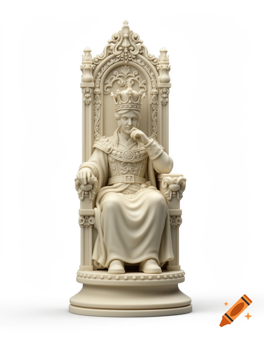 An ivory-colored 3D chess piece styled as a king sitting on an ornate throne.
