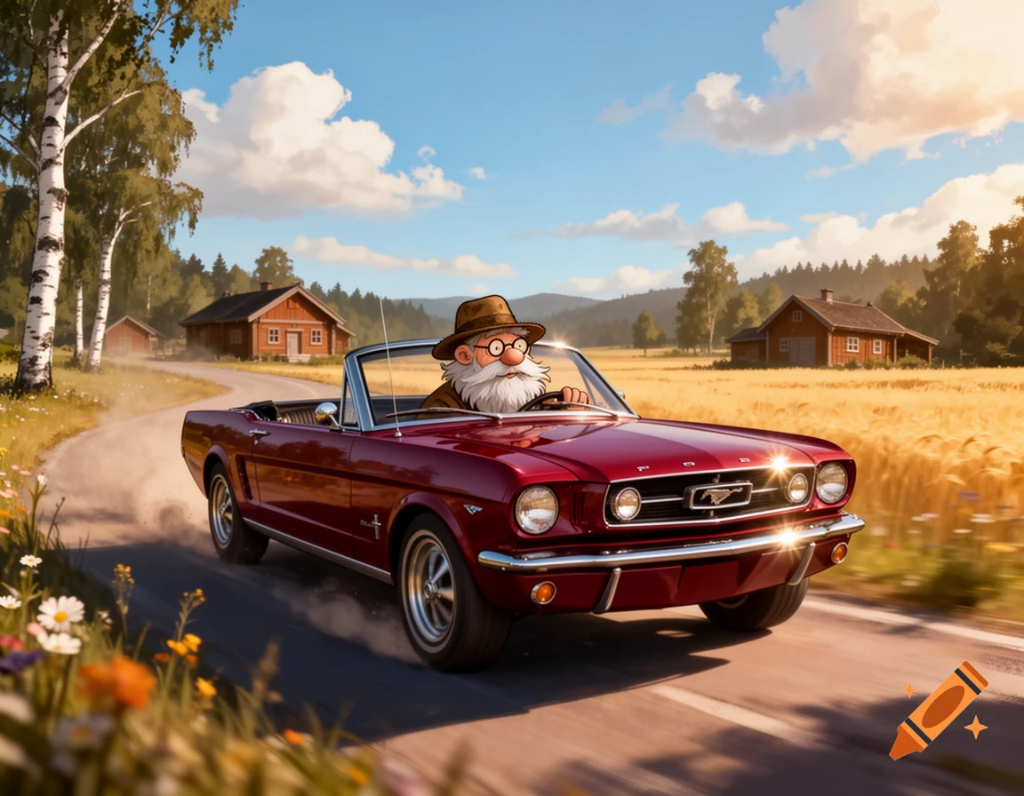 Cartoon character Pettson driving a red vintage convertible car down a rural road past wooden houses in a sunny landscape.
