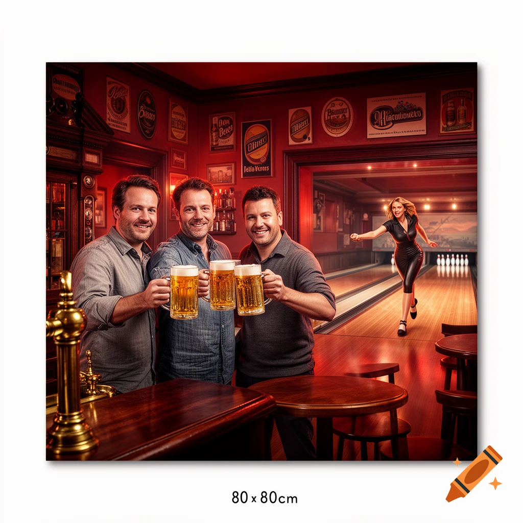 Three men toasting with beer mugs at a bar counter, with a woman bowling in the background.