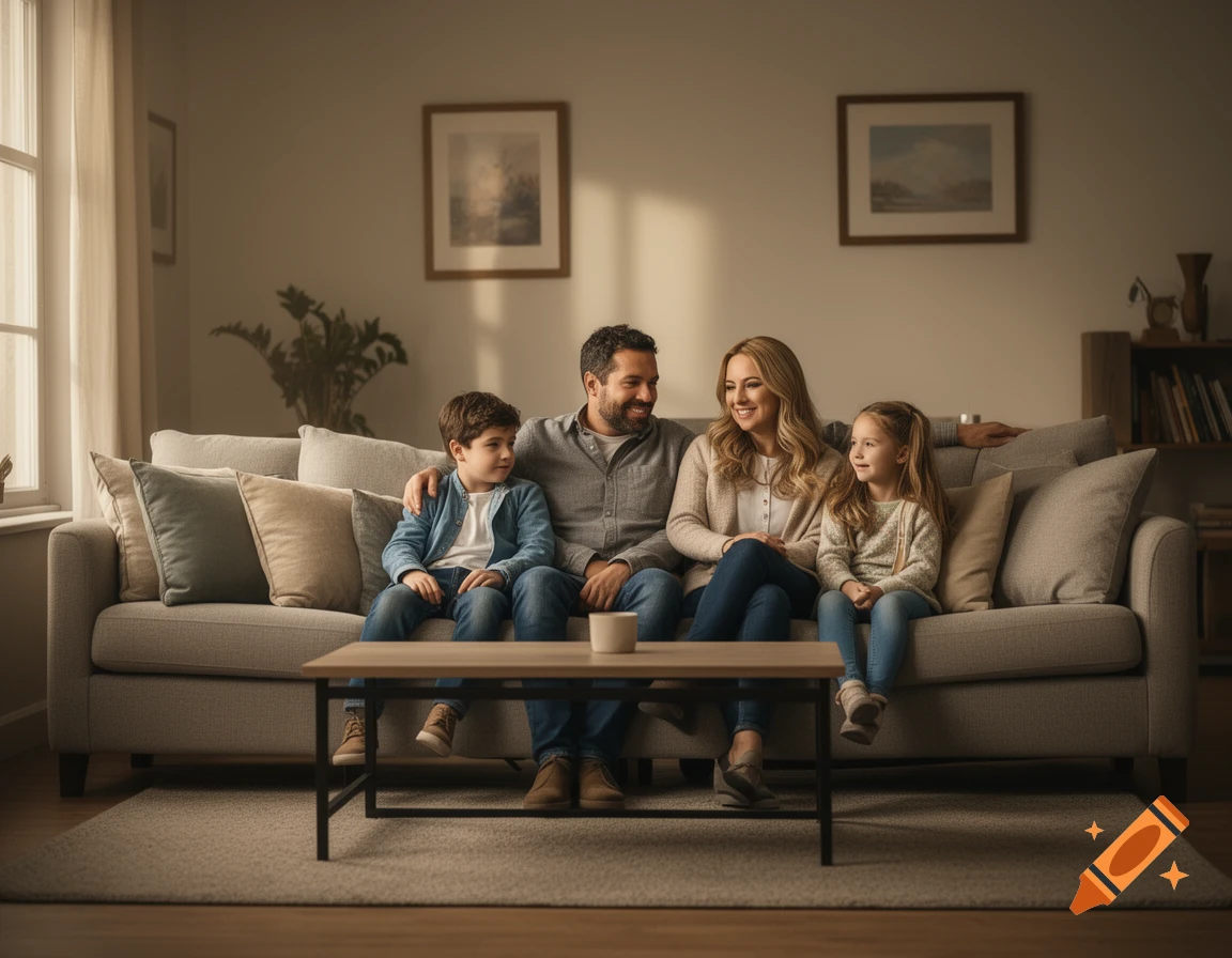 A family of four sitting together on a grey sofa in a living room, smiling.
