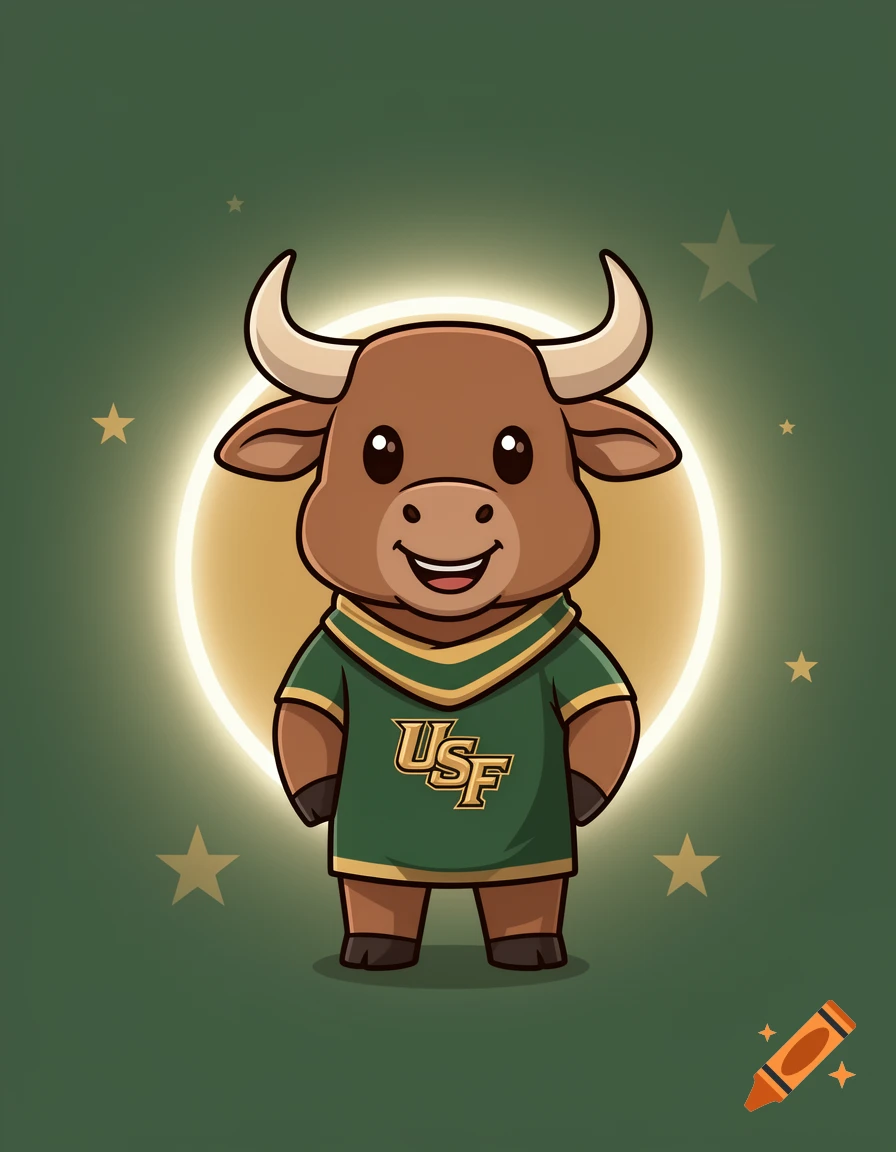 Digital illustration of a cute brown bull cartoon character wearing a green and gold jersey with USF logo against a green background with stars.